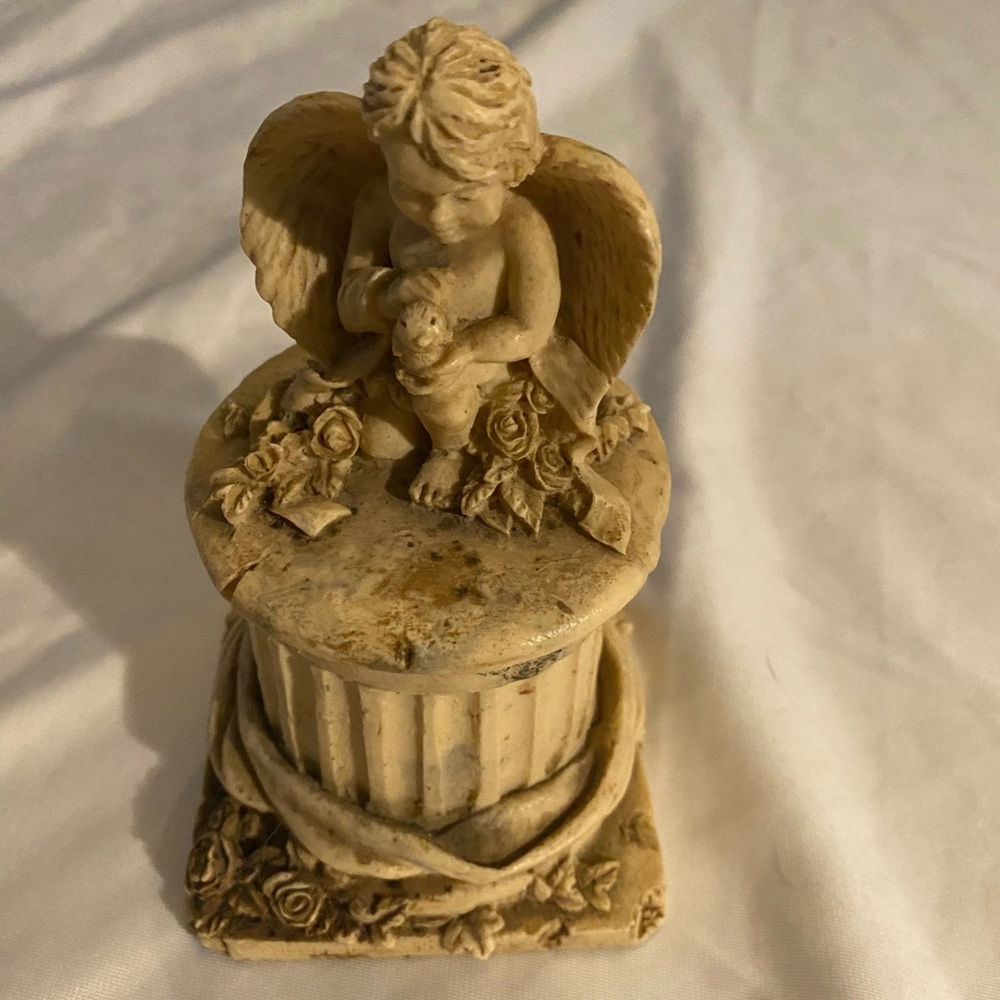 Angel Cherub Figurine on Decorative Pedestal with Flowers